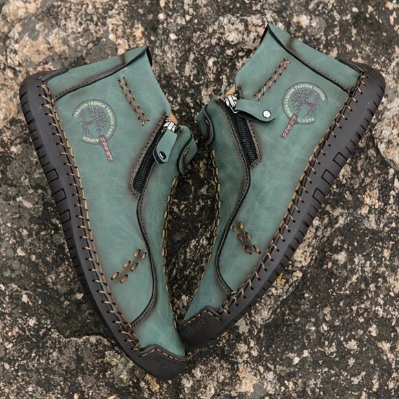Men's US 6.5-8 Handcrafted PU Ankle Boots with Zipper - Vintage Style, Green Sti - Picture 4 of 4